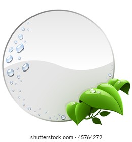 Blank round environmental label with green leaves isolated on white.