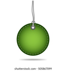 Blank, round, green sale tag label with string, vector design