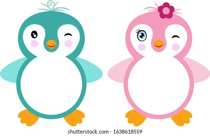 Blank round label blue and pink penguin
