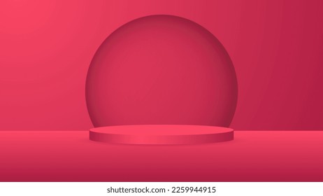 peatón redondo en blanco. podio circular rojo para una extraordinaria exhibición publicitaria de productos de lujo sobre fondo de color con estilo mínimo en sala de estudio 