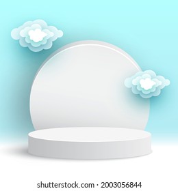 Blank round podium with clouds. White pedestal. Cosmetic products display platform. Exhibition stand. Vector illustration.