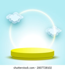 Blank round podium with clouds. Yellow pedestal. Cosmetic products display platform. Exhibition stand. Vector illustration.