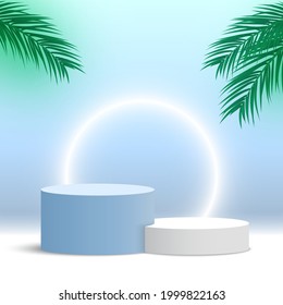 Blank round podium with palm leaves. Pedestal. Cosmetic products display platform. Exhibition stand. Vector illustration.