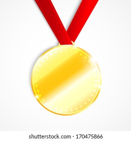 Blank round polished gold metal badge with red ribbon on light background. Vector illustration.