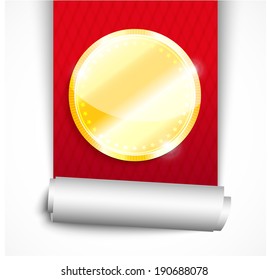 Blank round polished gold metal badge with red ribbon and rolled side on light background. Vector illustration.
