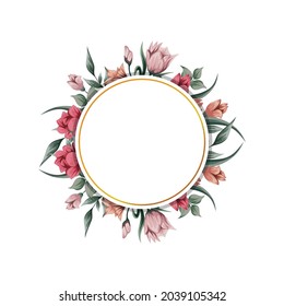 Blank round roses frame vector. Summer Vintage Floral Greeting Card with Blooming Hydrangea and garden flowers, Thank you botanical natural hydrangea Illustration in watercolor style