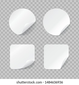 Blank round and square adhesive stickers mock up with curved corner. Sticky label or  price tags isolated on transparent background. Realistic textures. 