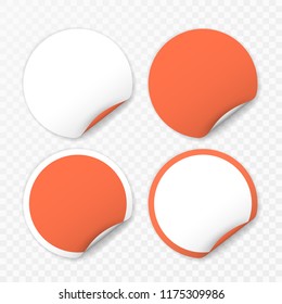 Blank round sticker with curled corners on transparent background, realistic mockup.