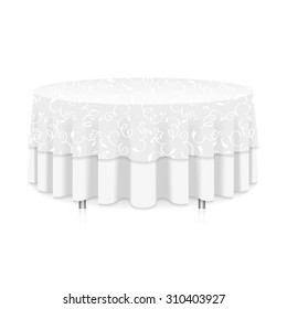 Blank Round Table With White Tablecloth Isolated