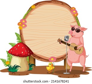 Blank round wooden signboard with animal illustration