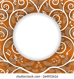 Blank rounded frame on musical seamless background.