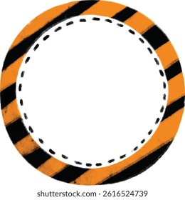 Blank rounded photo text frame orange black stripe police line construction work site safety road street round circle clipart cutout vector