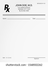 Blank Rx prescription form. Medical treatment and drugs list