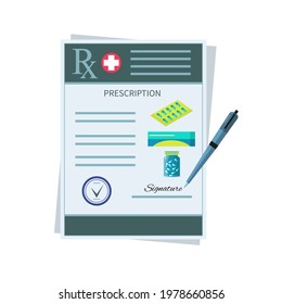 Blank Rx prescription form. Medical paper document. Doctor's prescription form with drugs. Isolated rx template for design. Notebook  page for prescribing medications with pen. Vector illustration.