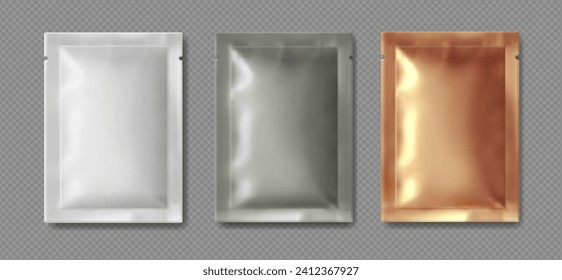 Blank sachet packaging for food, cosmetic.. White, silver, gold package for medical wipe mockup. Vector illustration realistic