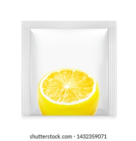 Blank sachet packaging with slice lemon for food, cosmetic and hygiene. Vector illustration on white background. Ready for your design. EPS10.	