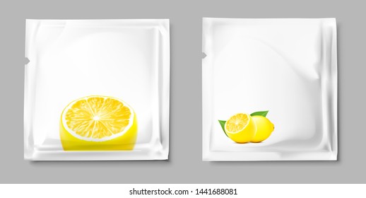 Blank sachet packaging with slice lemon for food, cosmetic and hygiene. Vector illustration on grey background. Ready for your design. EPS10.	
