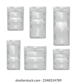 Blank sachet packet with euro slot, zip lock and tear notches. Vector mock-up set. Plastic or foil pouch bag with hanging hole kit. Food or cosmetic product individual package mockup