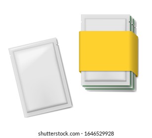 Blank sachet packet pack, realistic vector illustration. Mockup for design. Easy to recolor.