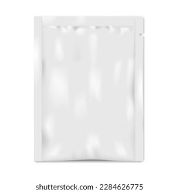 Blank sachet packet with tear notch on white background vector mockup. Individual plastic wrapping bag for cosmetic, medical or food product mock-up. Template for design