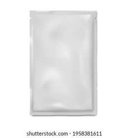 Blank sachet packet with tear notches isolated on white background, vector mock-up. Individual plastic wrapping bag for cosmetic, medical or food product - mockup. Template for design
