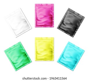 Blank Sachet Packet With Tear Notches - Realistic Vector Mock-up. Individual Packaging Pouch Bag - Color Mockup Set. Easy To Recolor