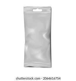 Blank sachet pouch packet with euro slot isolated on white background - vector mockup. Plastic, foil or paper wrapping bag for retail product - mockup. Template for packaging design