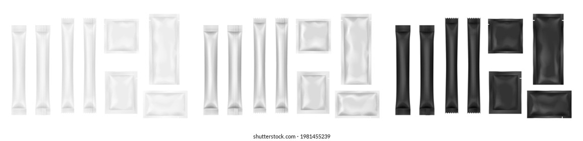 Blank sachets set. White and black food or cosmetics product packaging template. Sticks and square packages medical or sauce containers set. 3d realistic vector illustration