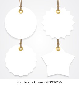 Blank sale tags mock up set. Hang tags with a string. Round, star and badge shape. Shopping label with place for price and discount captions. Clearance sale template. Vector illustration.