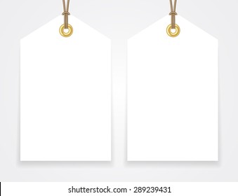 Blank Sale Tags Mock Up Set. Hang Tag With A String. Shopping Badge With Place For Price And Discount Captions. Clearance Sale Template. Vector Illustration.