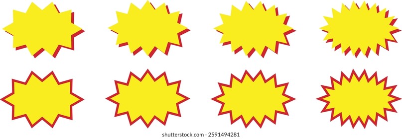 Blank sale tags. Ribbon sale banners. Red and yellow starburst stickers. Pop art funny bang bubbles. Vector illustration