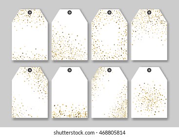 Blank sale tags templates set with gold heart shape confetti. Vector illustration.