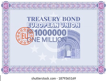 Blank sample of a European Union Treasury bond with a par value of 1000000 euro. Frame with guilloche mesh and patterns. EPS10