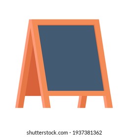 Blank sandwich board, stand, chalkboard for special menu announcement. Clean blackboard near pub, cafe or restaurant outdoor. Easel for menu on street. Vector black board flat isolated