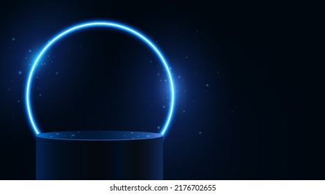 Blank scene with glowing and sparkling blue neon frame. 3d podium to display your brand. Pedestal for your mockup. Abstract background. Vector illustration. EPS 10
