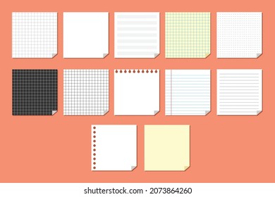 Hojas de papel de escuela en blanco en una colección de ilustraciones vectoriales aisladas de diferentes estilos