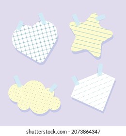 Blank school paper sheets in different shapes with sticky tape over plaiın color background isolated vector illustration collection