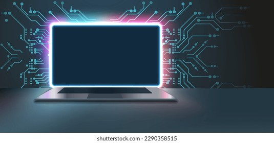 blank screen and a desk in a dark room with blue lighting. Technological background with a laptop. Vector illustration Metallic Laptop Mock-Up on stand and blue light placed 