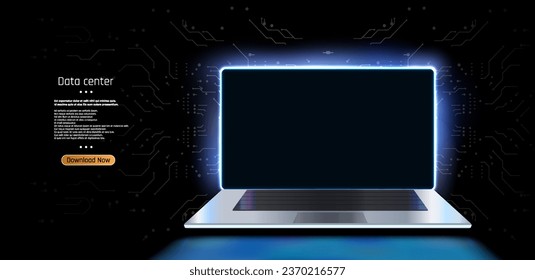 blank screen and a desk in a dark room with blue lighting. Technological background with a laptop. Vector illustration Metallic Laptop Mock-Up on stand and blue light placed  Vector illustration