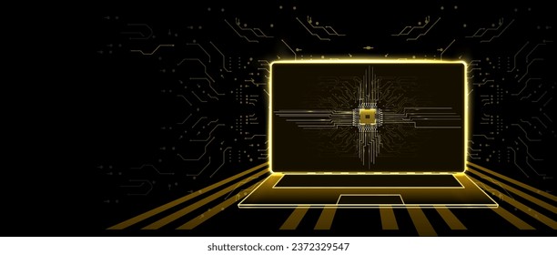 blank screen and a desk in a dark room with blue lighting. Technological background with a gold laptop. Vector illustration Metallic Laptop Mock-Up on stand and blue light placed  Vector illustration