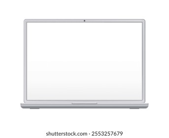 Blank screen of laptop with camera, realistic illustration. Isolated personal computer with empty monitor, mockup or advertisement copy space. Device and modern gadgets presentation