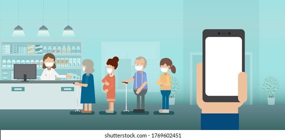 Blank screen mobile in pharmacy with pharmacist and customers in a row vector illustration