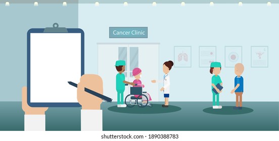Blank screen notepad in cancer clinic with doctor and patients flat design vector illustration