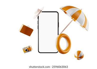 Blank screen of smartphone for advertising with beach equipment on green background. Travel vacation. Summer vacation travel concept. 3D rendering.