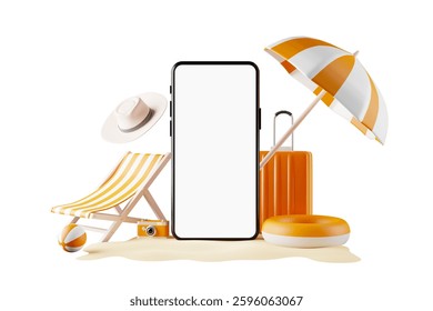 Blank screen of smartphone for advertising with beach equipment on green background. Travel vacation. Summer vacation travel concept. 3D rendering.