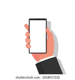 Blank screen smartphone. Phone hold in hand. Vector illustration flat style. Isolated on white background. Template for design. Mobile telephone.