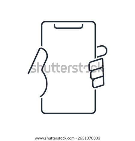 Blank screen of smartphone, phone in user's hand. Template. Flat design. Vector linear icon illustration isolated on white background.