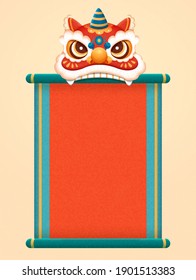 Blank scroll with Chinese lion dance head. Elements isolated on beige background, suitable for lunar new year activity.