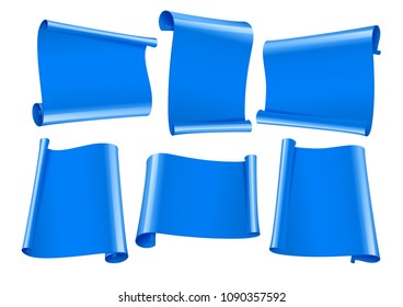 blank scrolls of blue paper stickers set on white background. Vector illustration