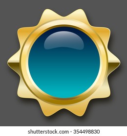 Blank seal or icon with copy space. Glossy golden seal or button with turquoise color.